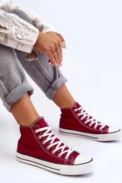 Boto Trampki Damskie Wysokie*Damskie Trampki Klasyczne Wysokie Bordowe Remos