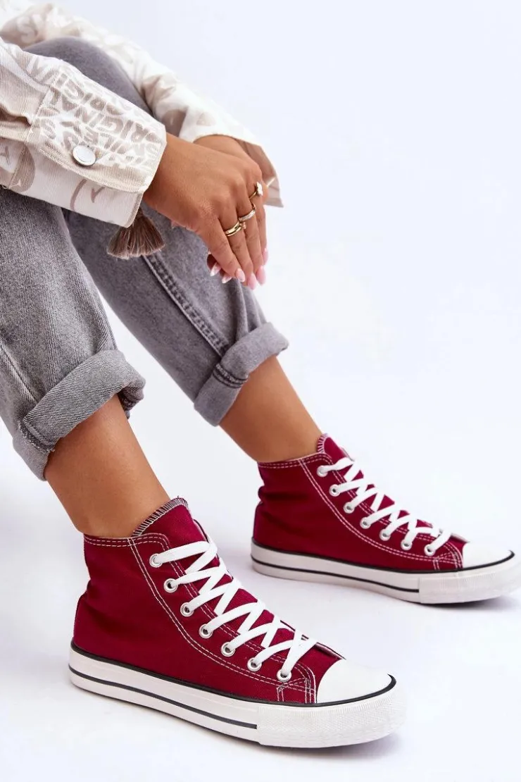 Boto Trampki Damskie Wysokie*Damskie Trampki Klasyczne Wysokie Bordowe Remos