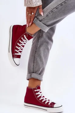 Boto Trampki Damskie Wysokie*Damskie Trampki Klasyczne Wysokie Bordowe Remos