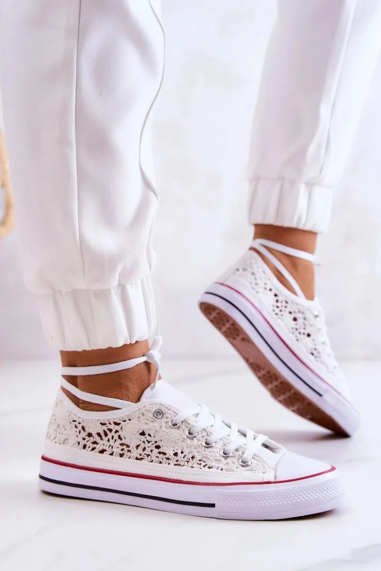 Clearance Boto Damskie Trampki Koronkowe Białe Venture Biały