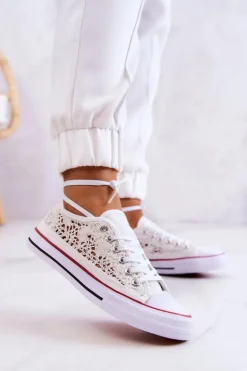 Clearance Boto Damskie Trampki Koronkowe Białe Venture Biały