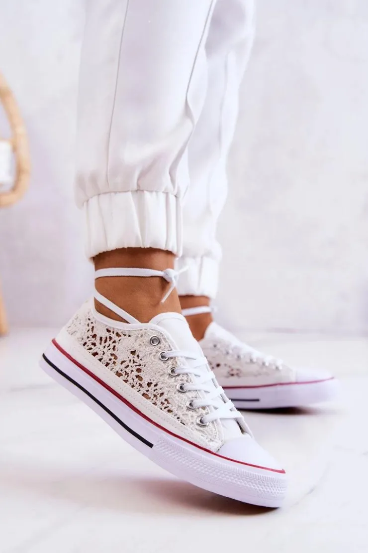 Clearance Boto Damskie Trampki Koronkowe Białe Venture Biały