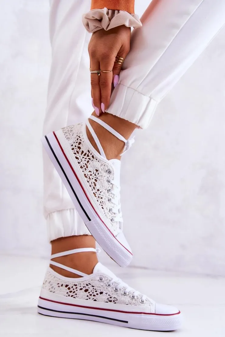 Clearance Boto Damskie Trampki Koronkowe Białe Venture Biały