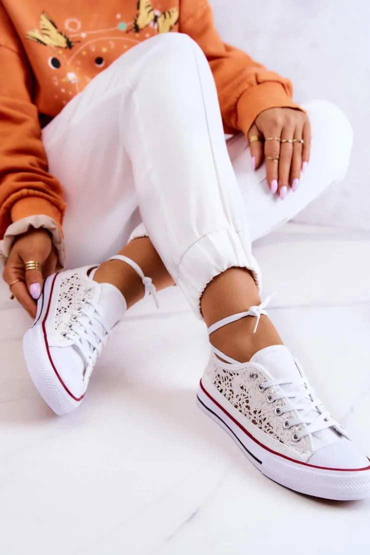 Clearance Boto Damskie Trampki Koronkowe Białe Venture Biały