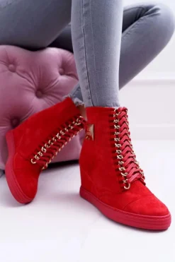 Damskie Boto Damskie Trampki Lu Boo Z Łańcuchami Zamszowe Czerwone Monica