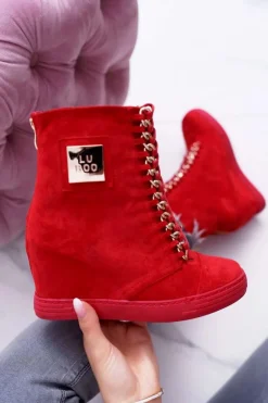 Damskie Boto Damskie Trampki Lu Boo Z Łańcuchami Zamszowe Czerwone Monica