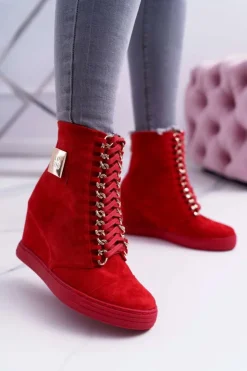 Damskie Boto Damskie Trampki Lu Boo Z Łańcuchami Zamszowe Czerwone Monica