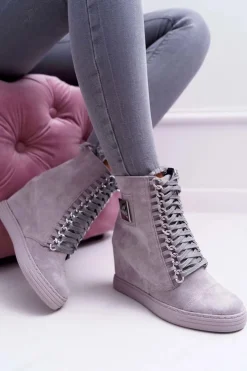Boto Trampki Damskie Wysokie*Damskie Trampki Lu Boo Z Łańcuchami Zamszowe Szare Monica