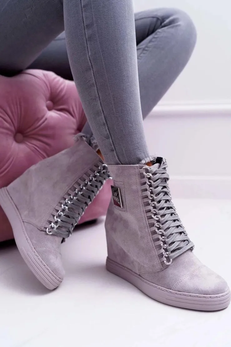 Boto Trampki Damskie Wysokie*Damskie Trampki Lu Boo Z Łańcuchami Zamszowe Szare Monica