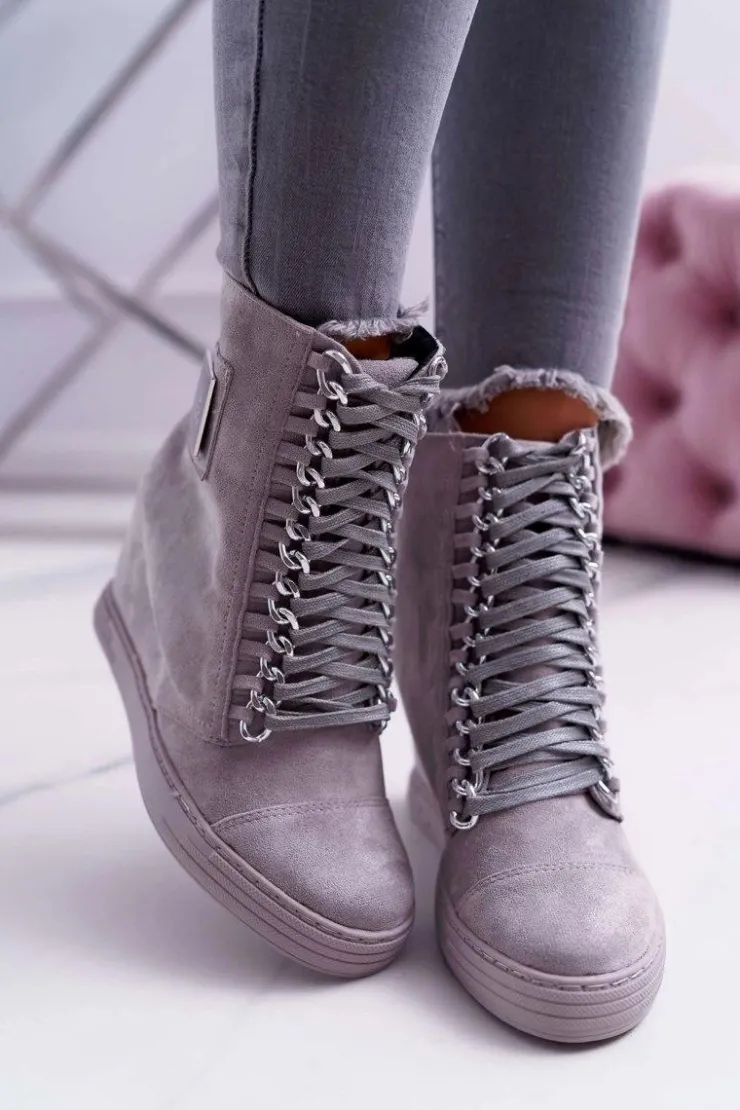 Boto Trampki Damskie Wysokie*Damskie Trampki Lu Boo Z Łańcuchami Zamszowe Szare Monica