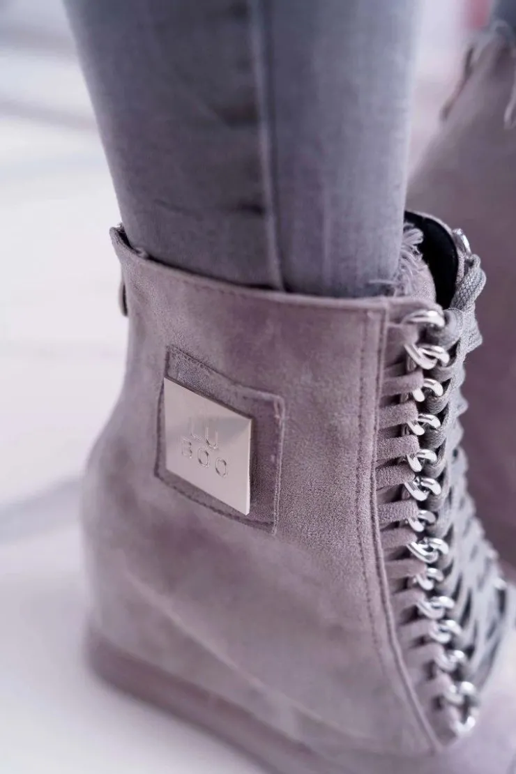 Boto Trampki Damskie Wysokie*Damskie Trampki Lu Boo Z Łańcuchami Zamszowe Szare Monica