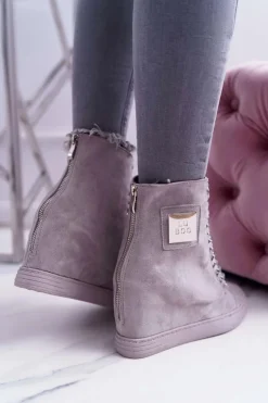 Boto Trampki Damskie Wysokie*Damskie Trampki Lu Boo Z Łańcuchami Zamszowe Szare Monica