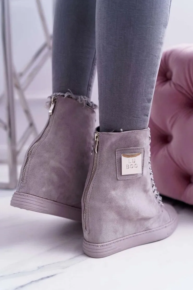 Boto Trampki Damskie Wysokie*Damskie Trampki Lu Boo Z Łańcuchami Zamszowe Szare Monica