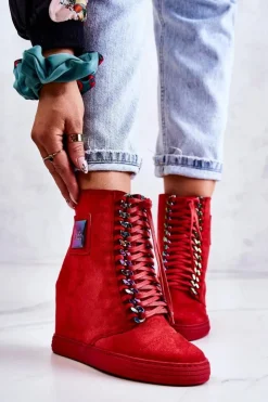 Boto Trampki Damskie Wysokie*Damskie Trampki Lu Boo Z Łańcuchami Zamszowe Multi-Czerwone Monica