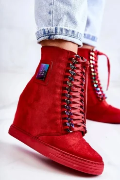 Boto Trampki Damskie Wysokie*Damskie Trampki Lu Boo Z Łańcuchami Zamszowe Multi-Czerwone Monica