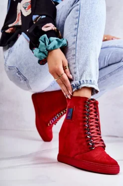 Boto Trampki Damskie Wysokie*Damskie Trampki Lu Boo Z Łańcuchami Zamszowe Multi-Czerwone Monica