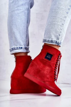 Boto Trampki Damskie Wysokie*Damskie Trampki Lu Boo Z Łańcuchami Zamszowe Multi-Czerwone Monica