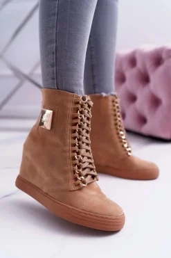 Boto Trampki Damskie Wysokie*Damskie Trampki Lu Boo Złoty Łańcuch Zamsz Camel Monica