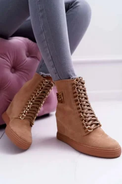 Boto Trampki Damskie Wysokie*Damskie Trampki Lu Boo Złoty Łańcuch Zamsz Camel Monica