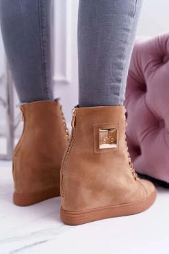 Boto Trampki Damskie Wysokie*Damskie Trampki Lu Boo Złoty Łańcuch Zamsz Camel Monica