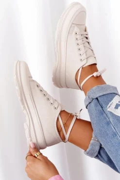 Boto Trampki Damskie Niskie*Damskie Trampki Na Platformie Beżowe Travel Time