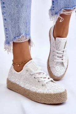 Damskie Big Star Shoes Damskie Trampki Na Plecionej Platformie Big Star LL274199 Białe