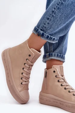 Big Star Shoes Trampki Damskie Big Star|Trampki Damskie Wysokie*Damskie Trampki Na Suwak Ocieplane Beżowe Big Star MM274022