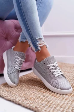 Boto Trampki Damskie Niskie*Damskie Trampki W Kratkę Brokat Szare Bellisa