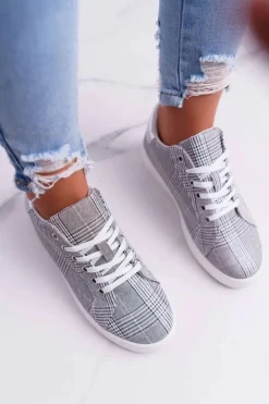 Boto Trampki Damskie Niskie*Damskie Trampki W Kratkę Brokat Szare Bellisa