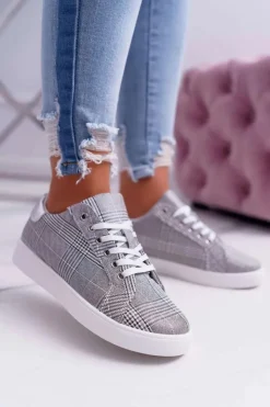 Boto Trampki Damskie Niskie*Damskie Trampki W Kratkę Brokat Szare Bellisa