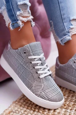 Boto Trampki Damskie Niskie*Damskie Trampki W Kratkę Brokat Szare Bellisa