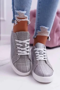 Boto Trampki Damskie Niskie*Damskie Trampki W Kratkę Brokat Szare Bellisa