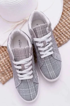 Boto Trampki Damskie Niskie*Damskie Trampki W Kratkę Brokat Szare Bellisa