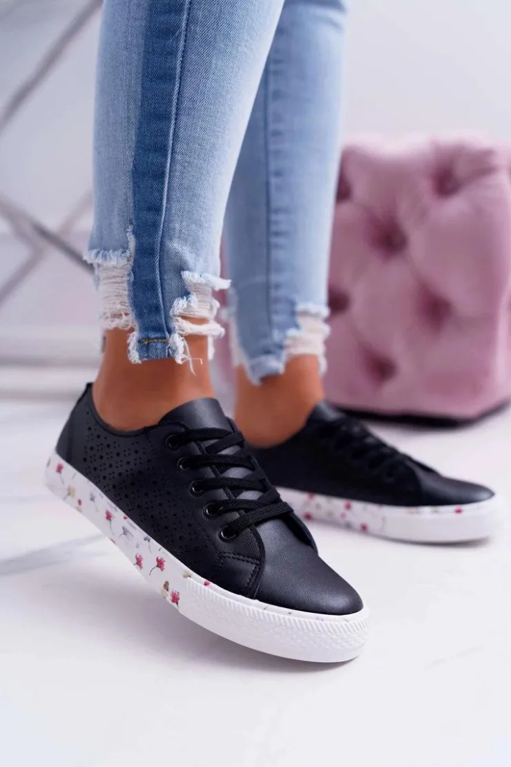 Damskie Boto Damskie Trampki W Kwiaty Ażurowe Czarne Loriann