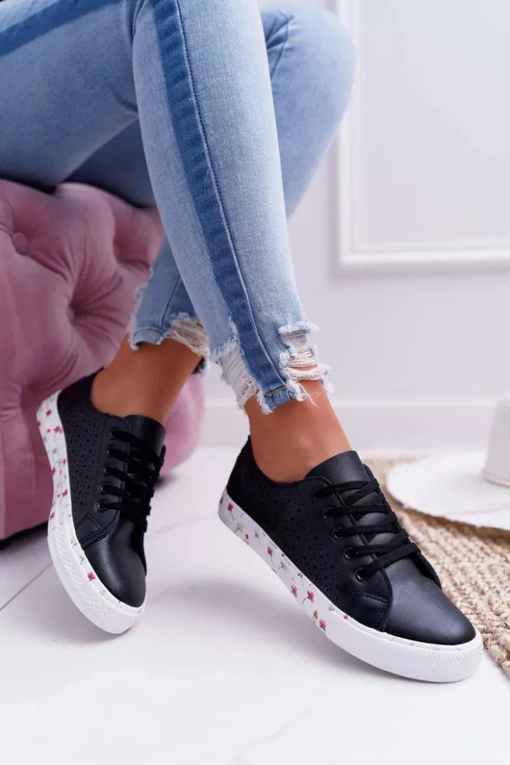 Damskie Boto Damskie Trampki W Kwiaty Ażurowe Czarne Loriann