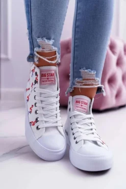 Big Star Shoes Trampki Damskie Big Star|Big Star*Damskie Trampki Wysokie Flamingi Big Star Białe DD274660