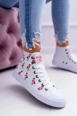 Big Star Shoes Trampki Damskie Big Star|Big Star*Damskie Trampki Wysokie Flamingi Big Star Białe DD274660