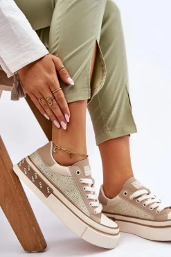 Best GOE Damskie Trampki Z Dżetami LL2N4055 Beżowe