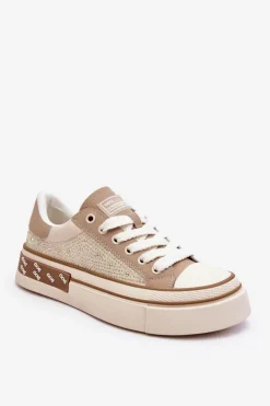 Best GOE Damskie Trampki Z Dżetami LL2N4055 Beżowe