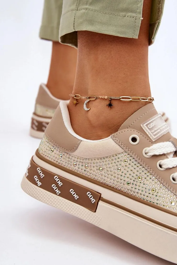 Best GOE Damskie Trampki Z Dżetami LL2N4055 Beżowe