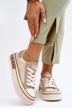 Best GOE Damskie Trampki Z Dżetami LL2N4055 Beżowe