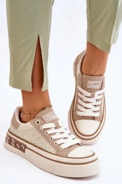 Best GOE Damskie Trampki Z Dżetami LL2N4055 Beżowe
