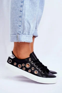 Damskie Boto Damskie Trampki Z Dziurami i Cyrkoniami Czarne Roxas