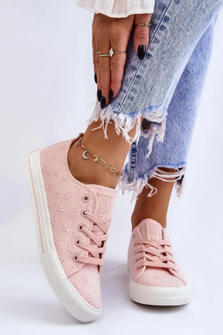 Big Star Shoes Trampki Damskie Big Star|Trampki Damskie Niskie*Damskie Trampki Z Haftem Big Star LL274224 Różowe