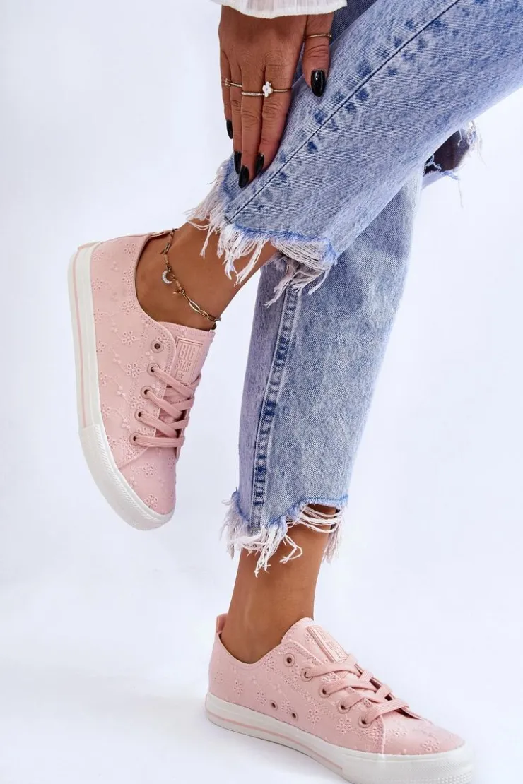 Big Star Shoes Trampki Damskie Big Star|Trampki Damskie Niskie*Damskie Trampki Z Haftem Big Star LL274224 Różowe