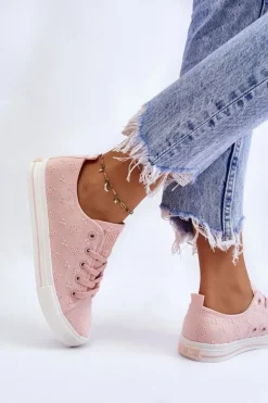 Big Star Shoes Trampki Damskie Big Star|Trampki Damskie Niskie*Damskie Trampki Z Haftem Big Star LL274224 Różowe