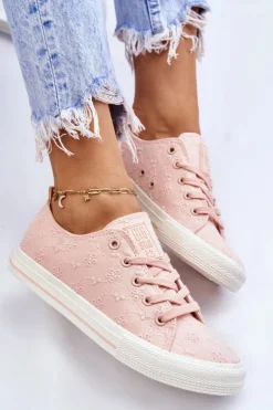 Big Star Shoes Trampki Damskie Big Star|Trampki Damskie Niskie*Damskie Trampki Z Haftem Big Star LL274224 Różowe
