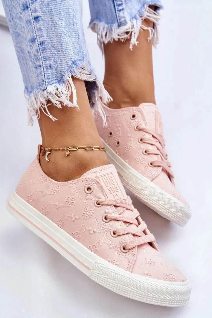 Big Star Shoes Trampki Damskie Big Star|Trampki Damskie Niskie*Damskie Trampki Z Haftem Big Star LL274224 Różowe