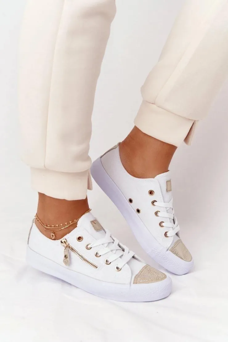 Damskie Boto Damskie Trampki Z Suwakiem Biało-Złote Festival