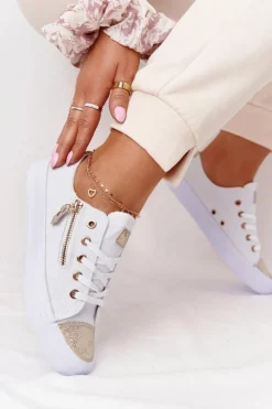 Damskie Boto Damskie Trampki Z Suwakiem Biało-Złote Festival